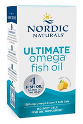 Nordic Naturals Ultimate Omega fish oil, 1280 mg Omega-3s per 2 soft gels, gluten-free supplement in lemon flavor.